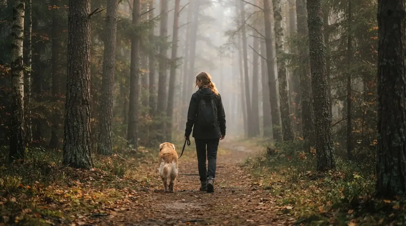 Tânăr care se plimbă cu un câine pe o alee de pădure, într-o dimineață cu ceață ușoară.